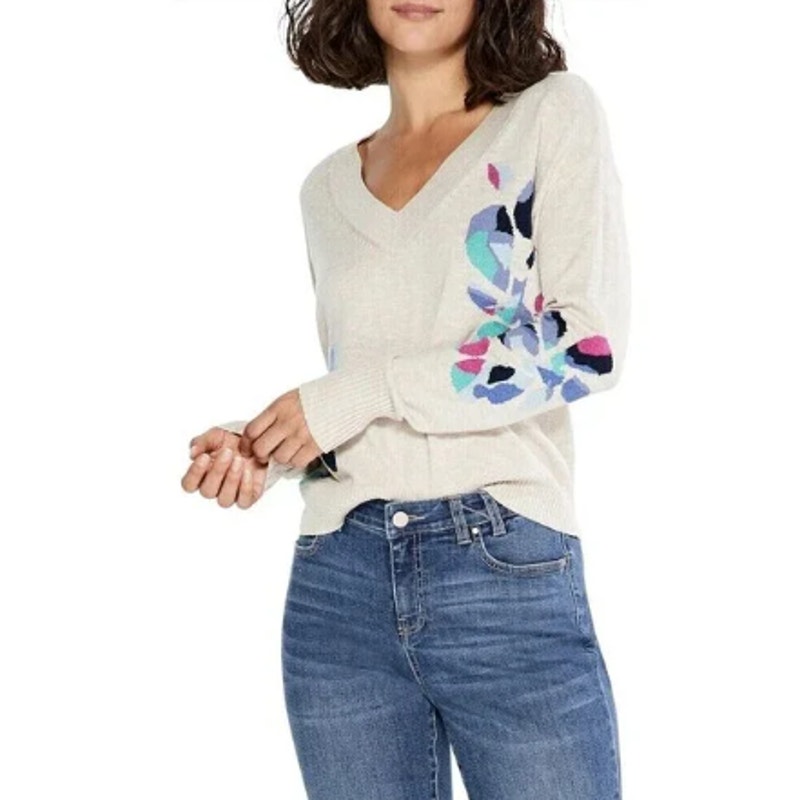Nic + Zoe (Xl) Blooming Intarsia Floral Ribbed Drop Shoulder V-Neck Sweater Top — image 2 of 8